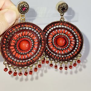 Mandela Earrings, Goldtone with Rust Orange Beading, Post Back